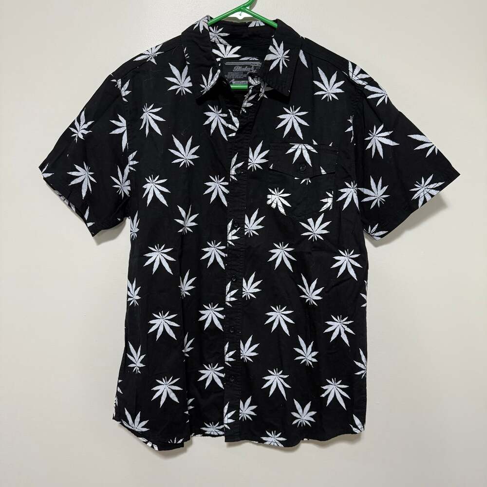 Bleecker & Mercer Mens Pot Leaf Print Short‎ Sleeve Button Down Shirt L